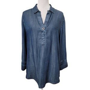 Chico's Size 1 (M/8) Denim Look Long Sleeve V Neck Top, 100% Tencel
